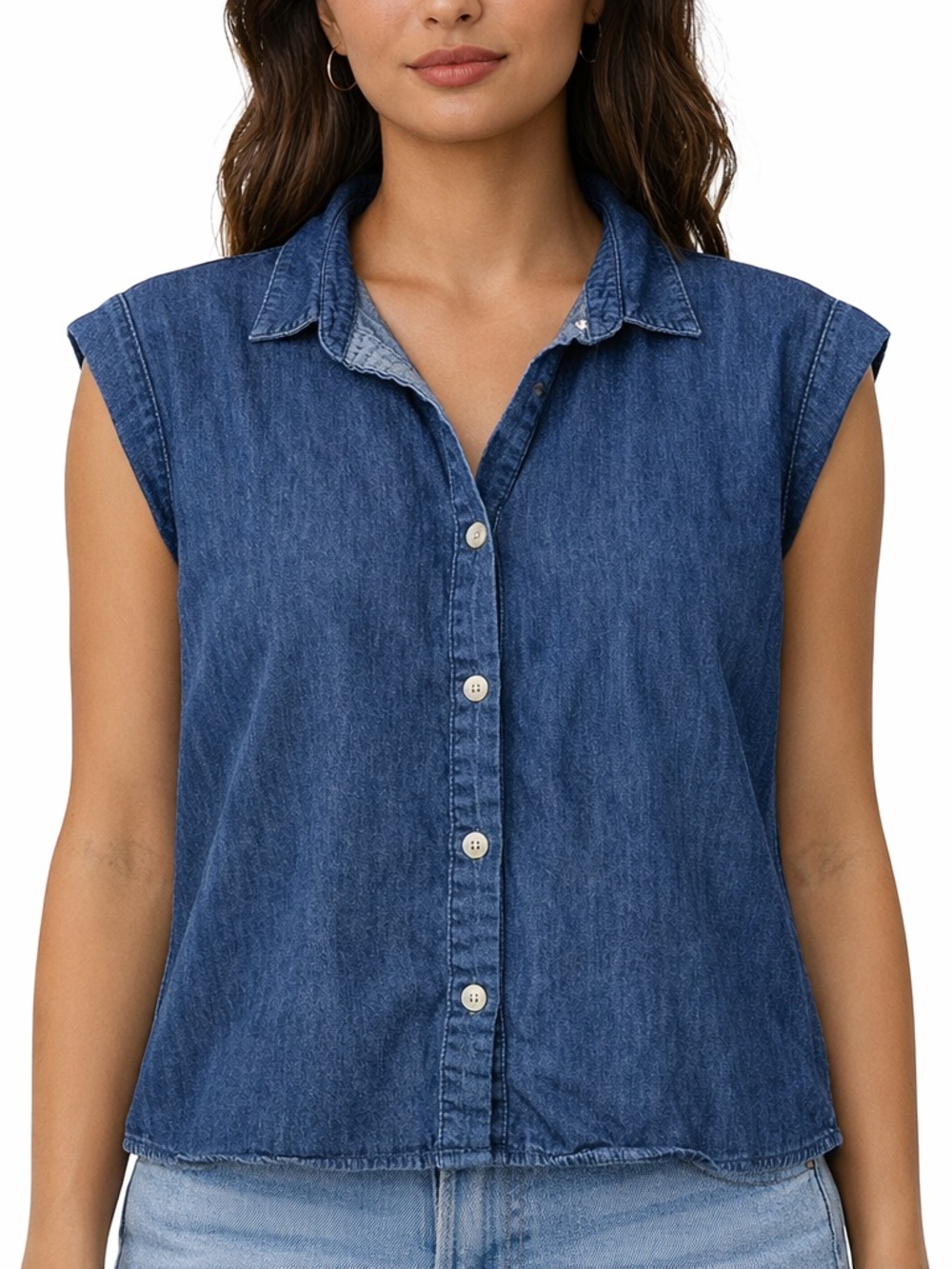 Sleeveless Denim Button-Up Top - Blue